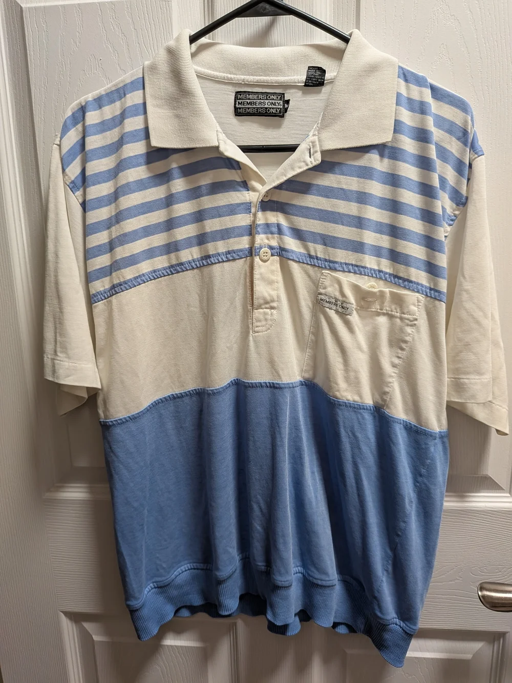 VINTAGE Members Only Cream and Light Blue Striped Polo Size M